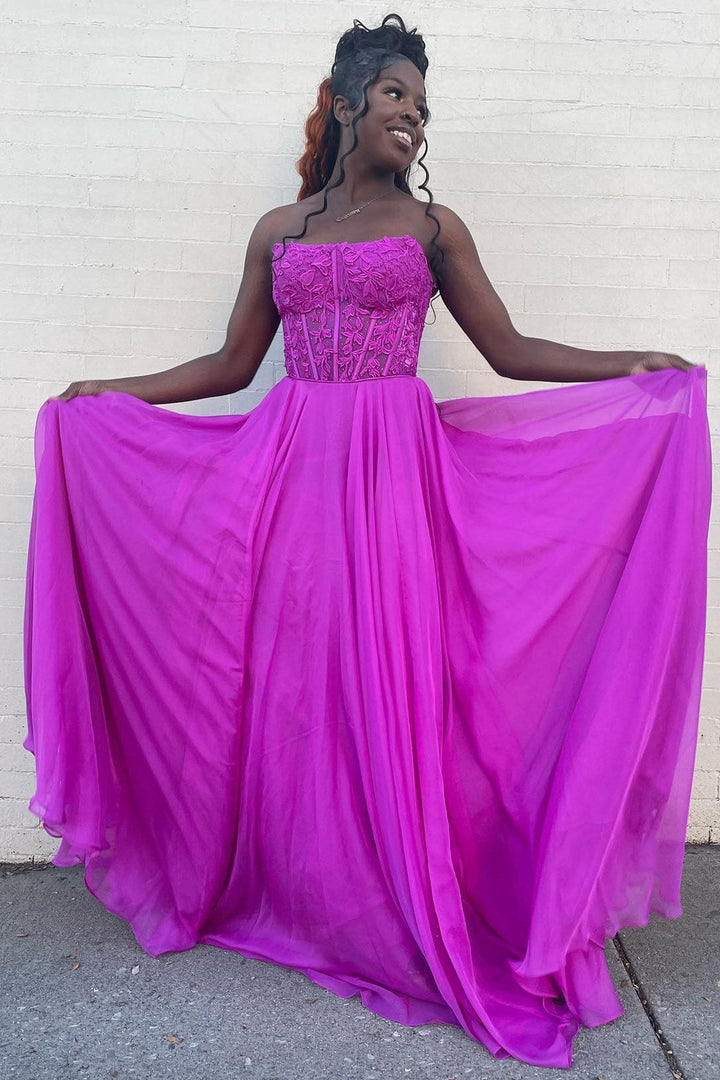 Chiffon Appliques Strapless A-Line Long Prom Dress