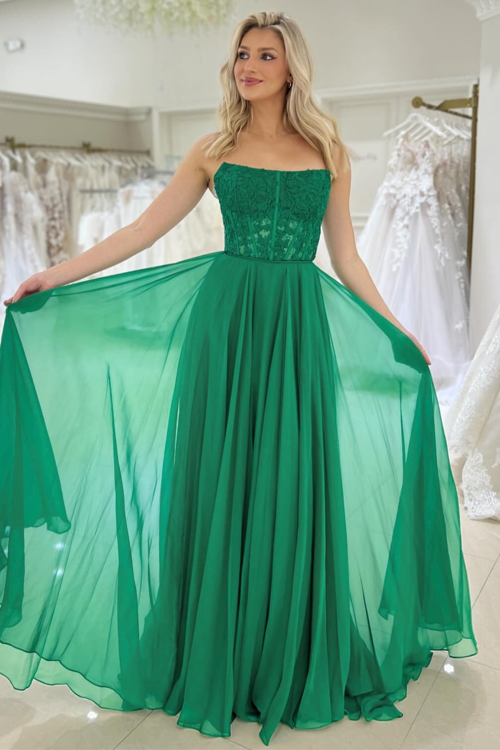 Chiffon Appliques Strapless A-Line Long Prom Dress