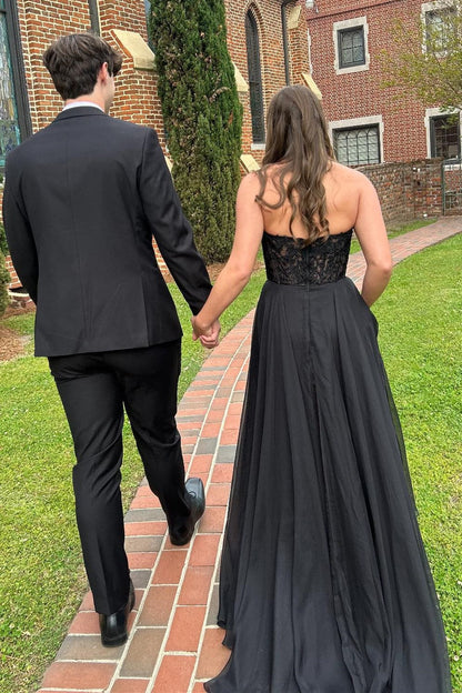 Chiffon Appliques Strapless A-Line Long Prom Dress