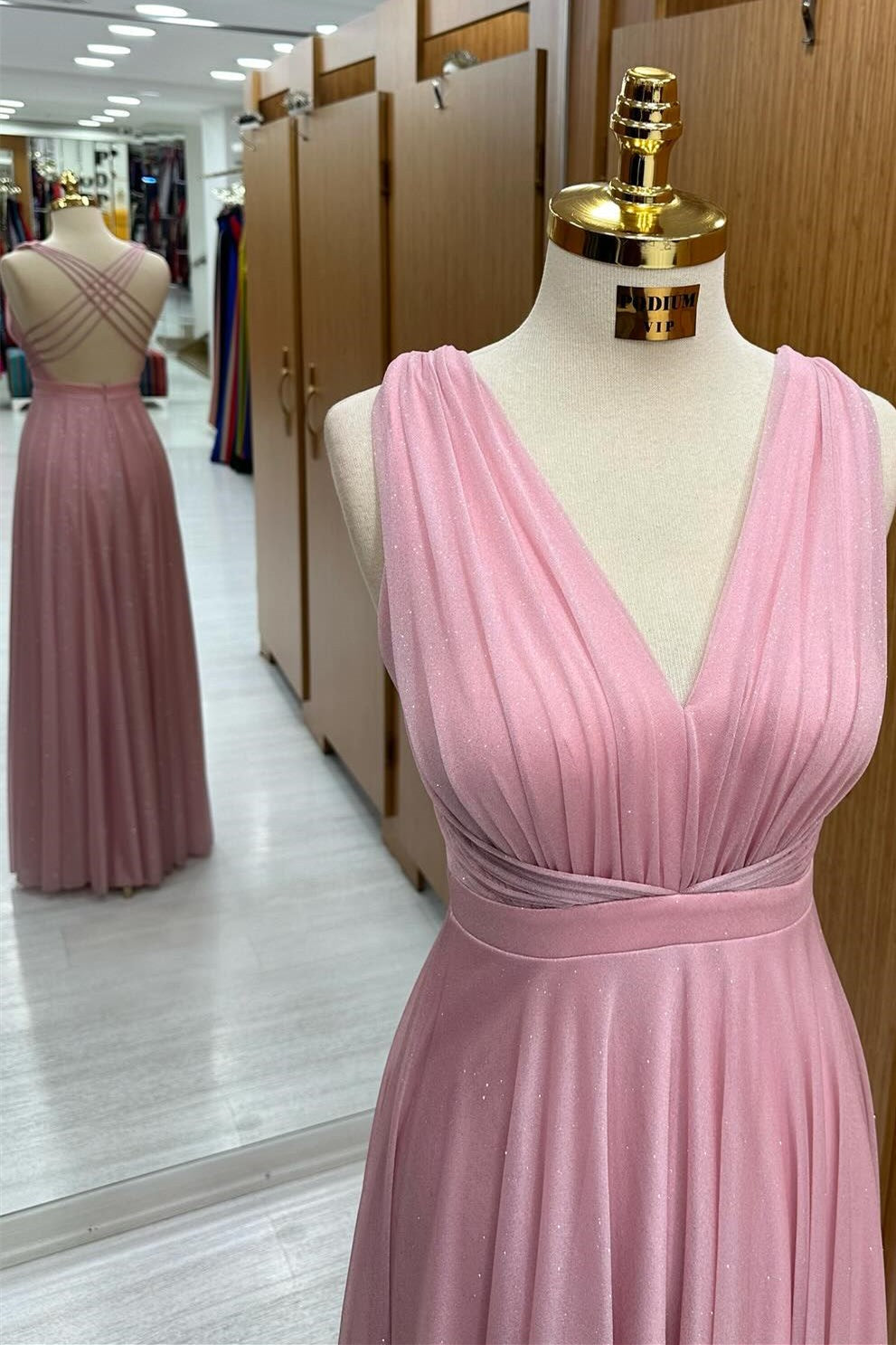 Pink V-Neck Cross-Back A-Line Long Formal Dress
