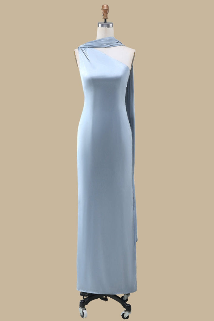 One-Shoulder Maxi Dress with Sash Side Slit Floor Length