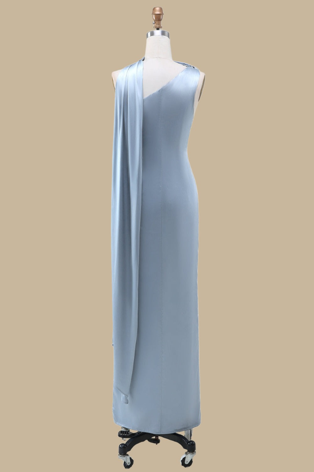 One-Shoulder Maxi Dress with Sash Side Slit Floor Length