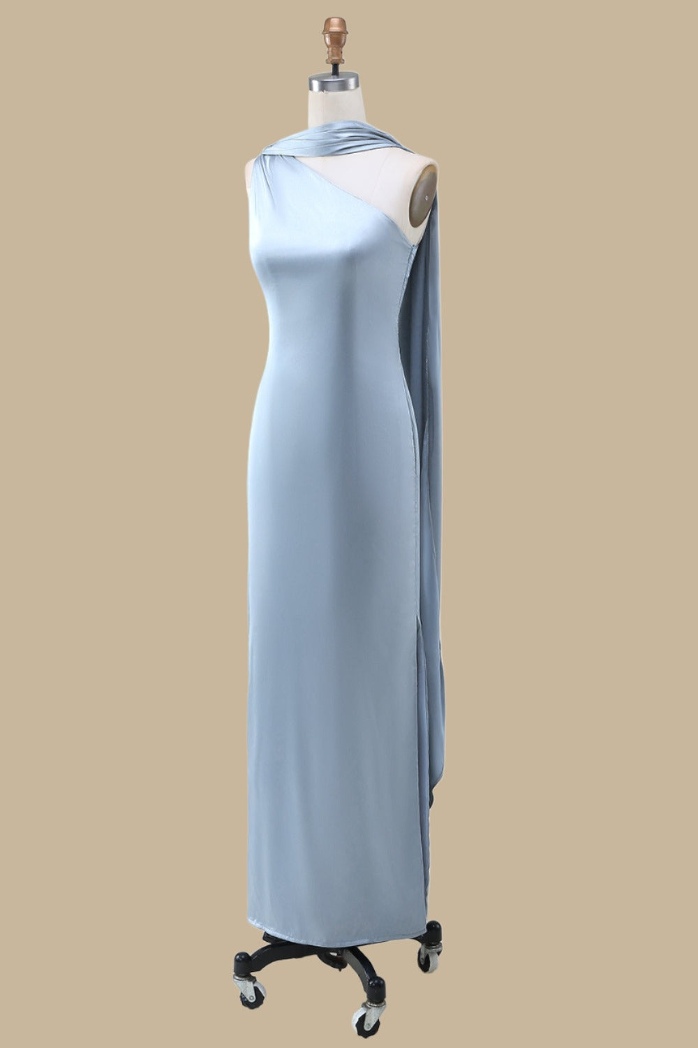 One-Shoulder Maxi Dress with Sash Side Slit Floor Length