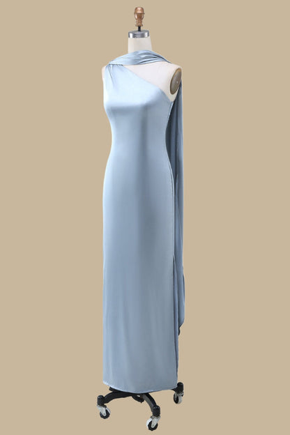 One-Shoulder Maxi Dress with Sash Side Slit Floor Length