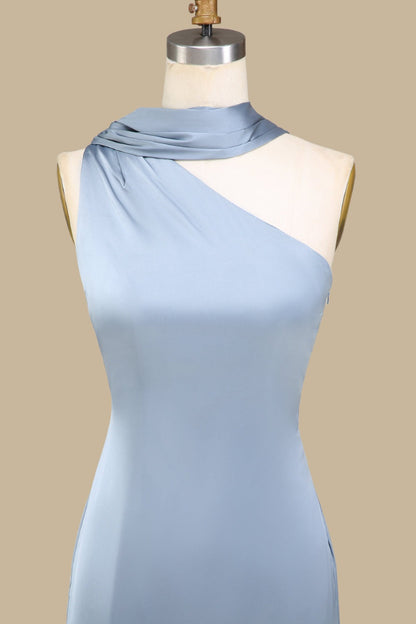 One-Shoulder Maxi Dress with Sash Side Slit Floor Length
