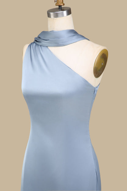 One-Shoulder Maxi Dress with Sash Side Slit Floor Length