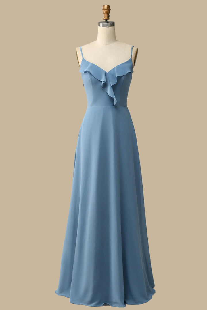 Dusty Blue Chiffon Ruffle V Neck Straps Lace-up Bridesmaid Dress