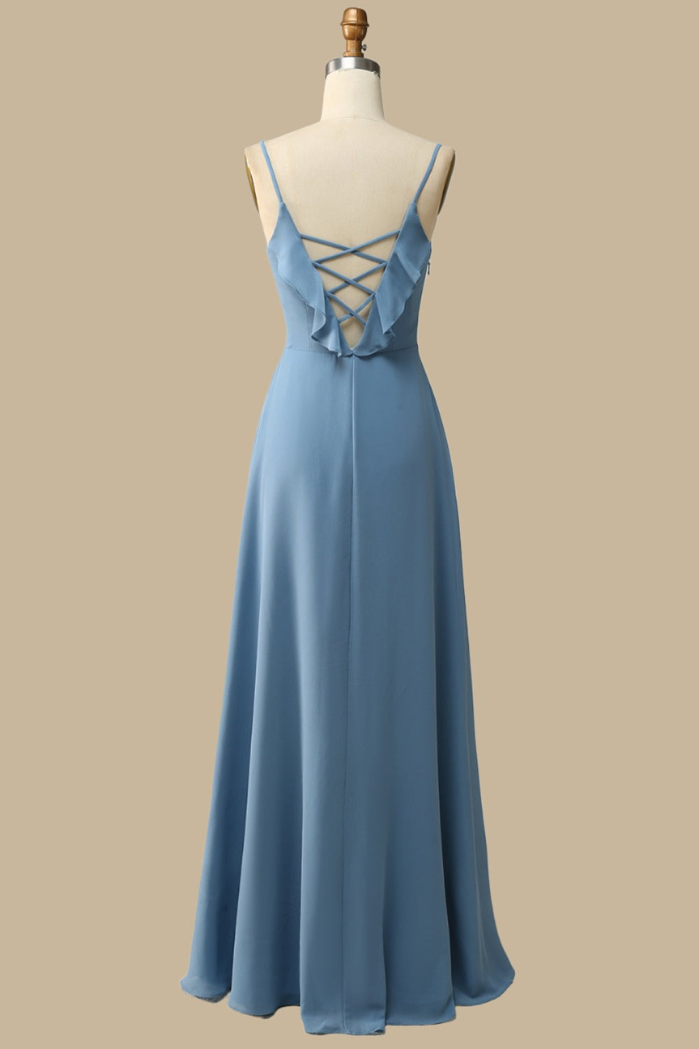 Ruffle Lace-Up Chiffon Maxi Dress With V-Neckline