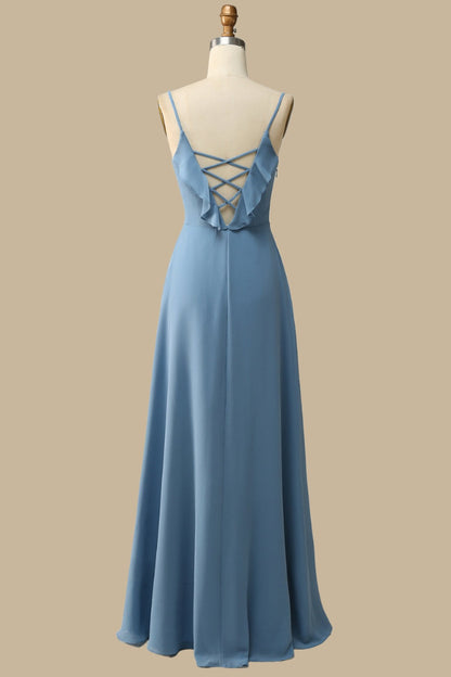 Ruffle Lace-Up Chiffon Maxi Dress With V-Neckline
