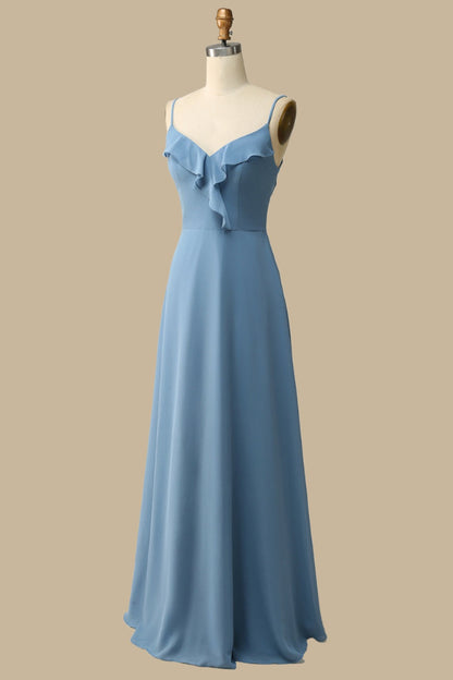 Ruffle Lace-Up Chiffon Maxi Dress With V-Neckline