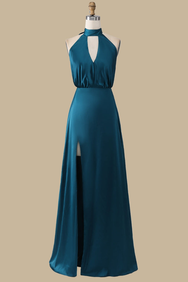 Turquoise Halter Blouson-Style Maxi Dress with Side Slit