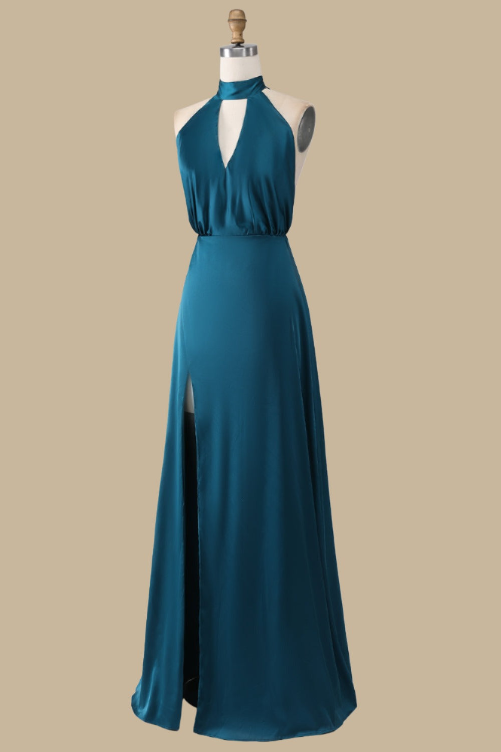 Turquoise Halter Blouson-Style Maxi Dress with Side Slit