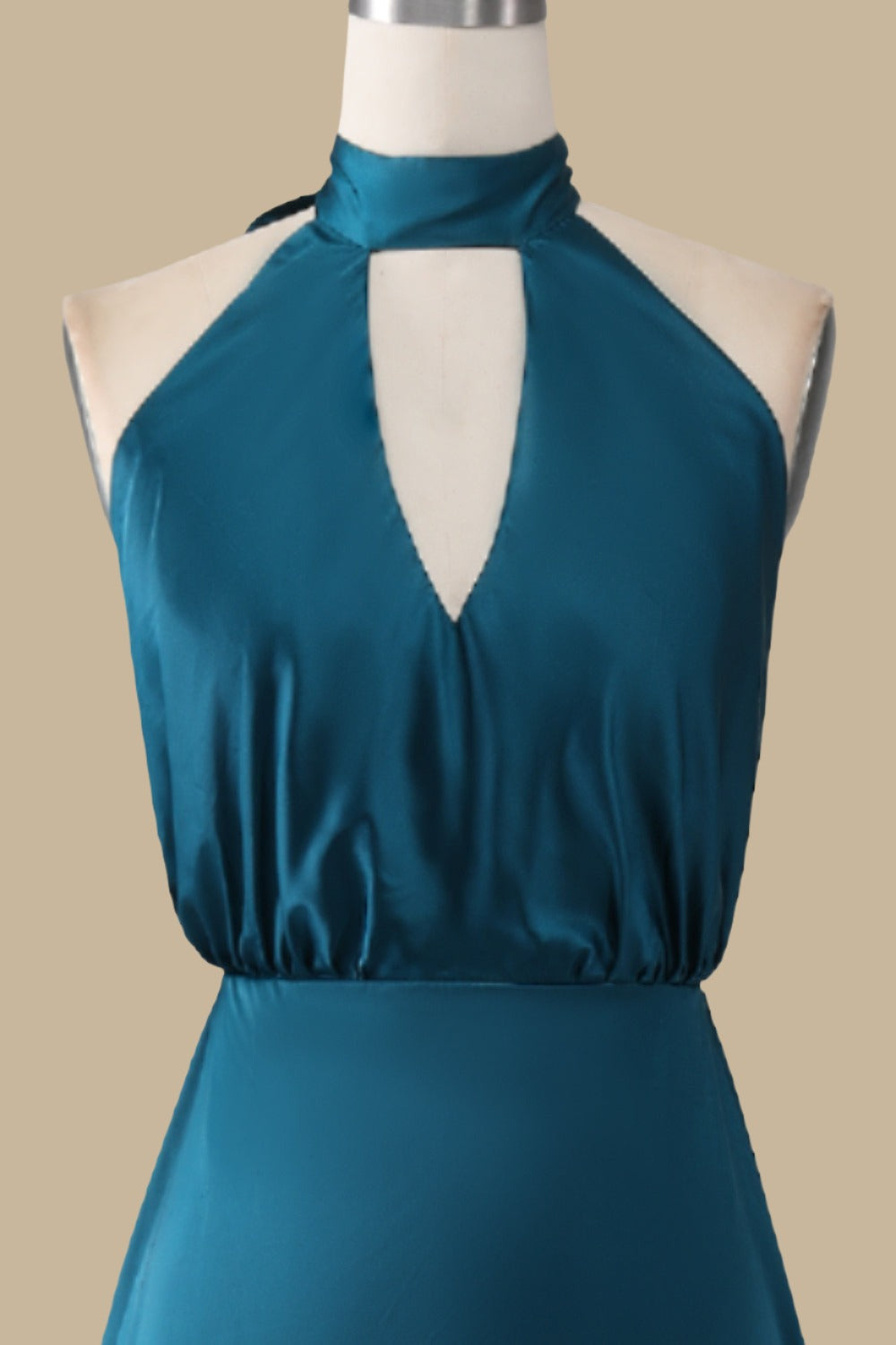 Turquoise Halter Blouson-Style Maxi Dress with Side Slit
