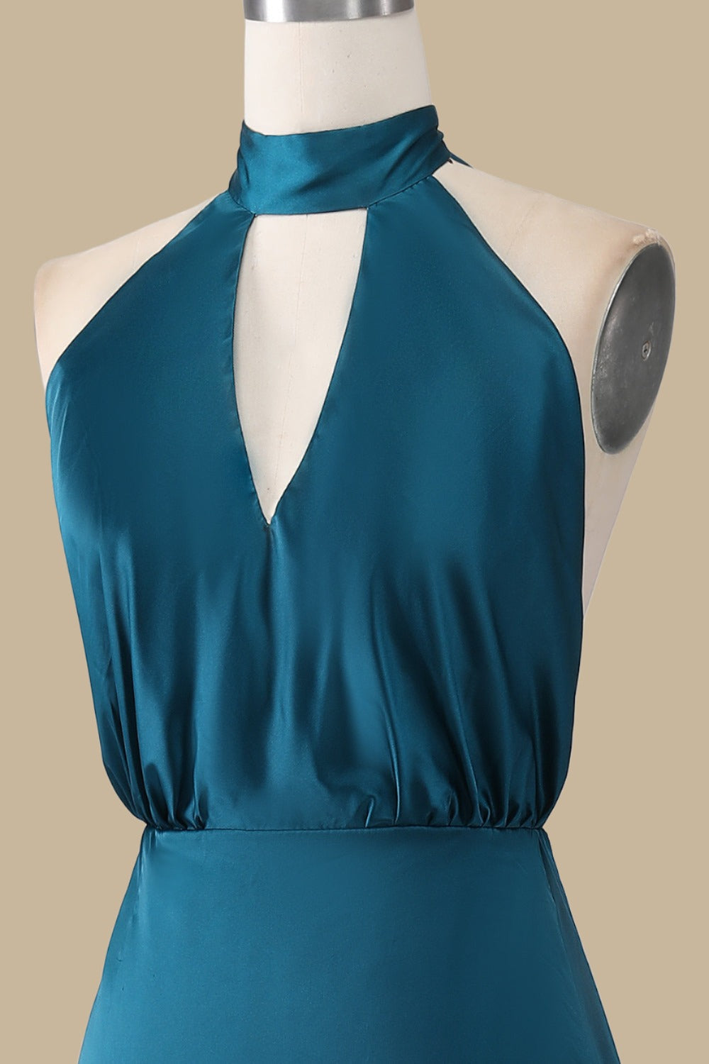 Turquoise Halter Blouson-Style Maxi Dress with Side Slit