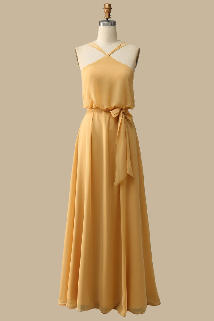 Blouson Style Halter Chiffon Maxi Dress Mustard Yellow