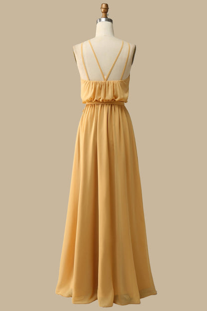 Blouson Style Halter Chiffon Maxi Dress Mustard Yellow