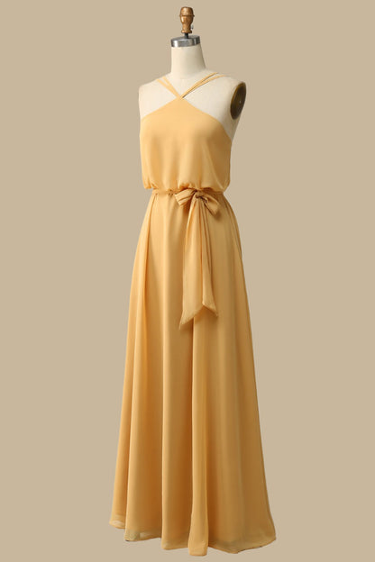 Blouson Style Halter Chiffon Maxi Dress Mustard Yellow