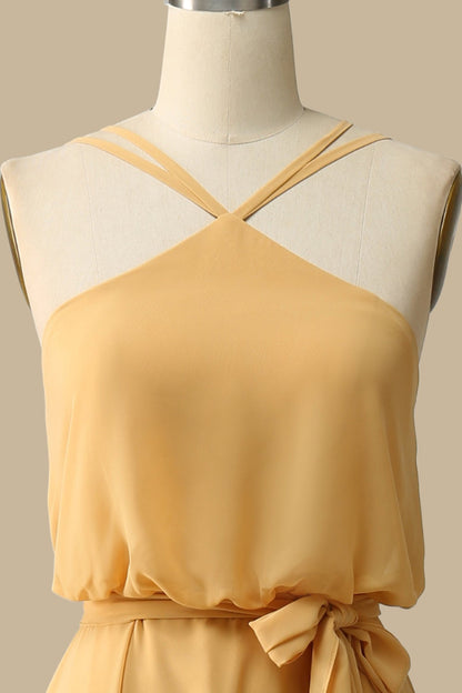 Blouson Style Halter Chiffon Maxi Dress Mustard Yellow