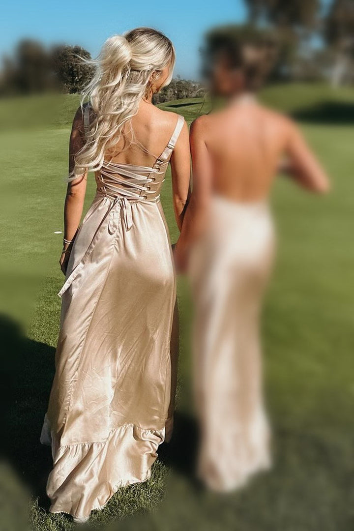 Champagne A-Line Sleeveless Lace-Up Square Neck Maxi Dress, Slit