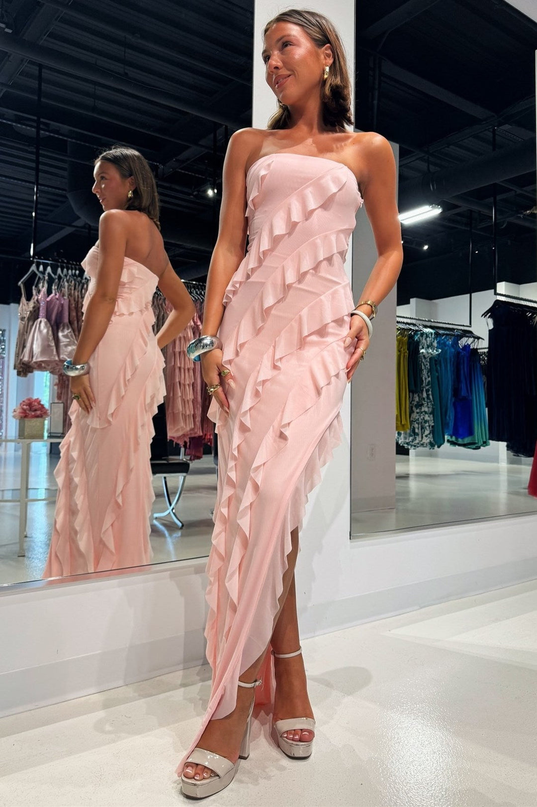 Asymmetrical Strapless Ruffle Pink Chiffon Maxi Dress, Side Slit