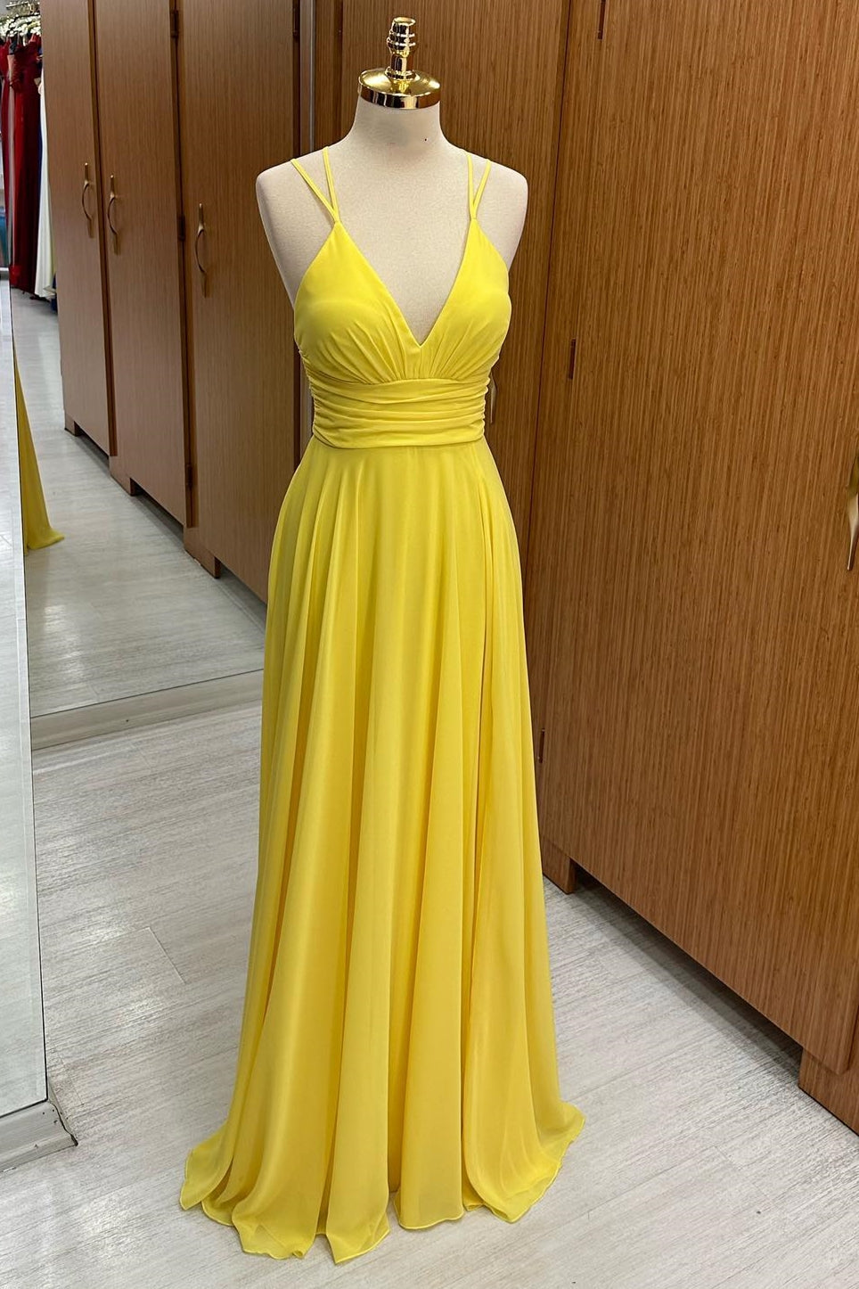 A-line Straps V-Neck Cross Back Yellow Chiffon Bridesmaid Dress
