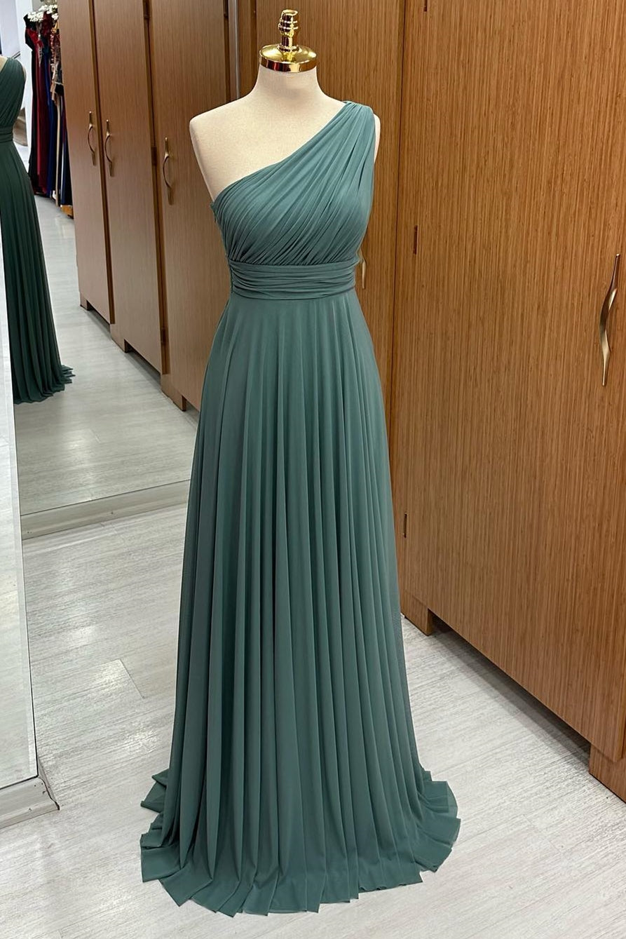Dusty Sage One-Shoulder A-Line Chiffon Pleated Bridesmaid Dress