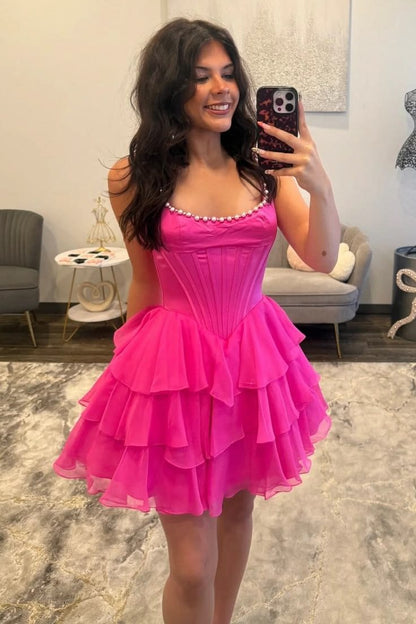 Square Neck Empire-Waist Ruffled Chiffon Short Homecoming Dress