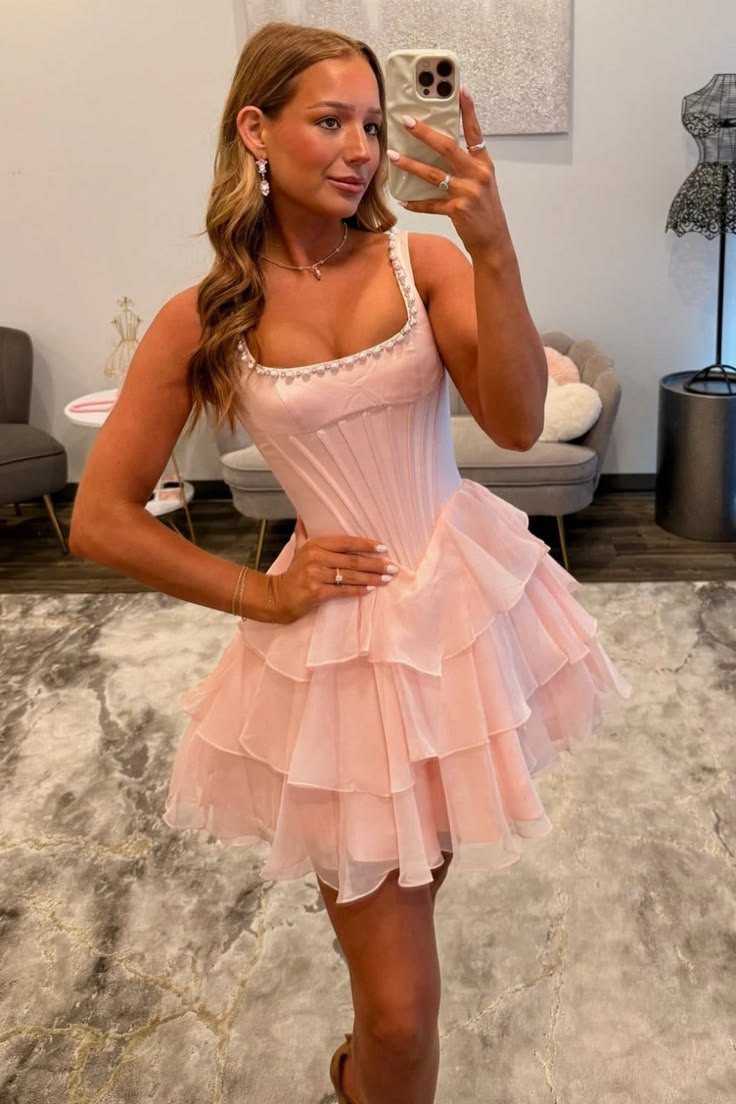 Square Neck Empire-Waist Ruffled Chiffon Short Homecoming Dress