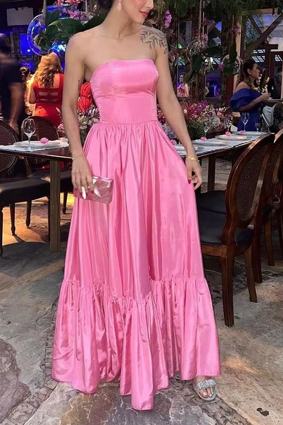 Strapless Scoop A-Line Satin Pleated Sleeveless Long Formal Dress