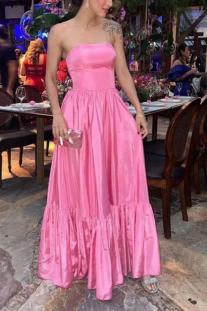 Strapless Scoop A-Line Satin Pleated Sleeveless Long Formal Dress