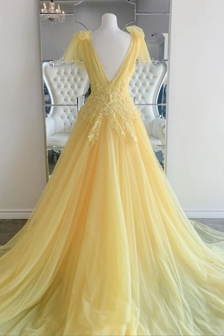 Yellow Deep V-Neck A-Line Tulle Long Evening Gown