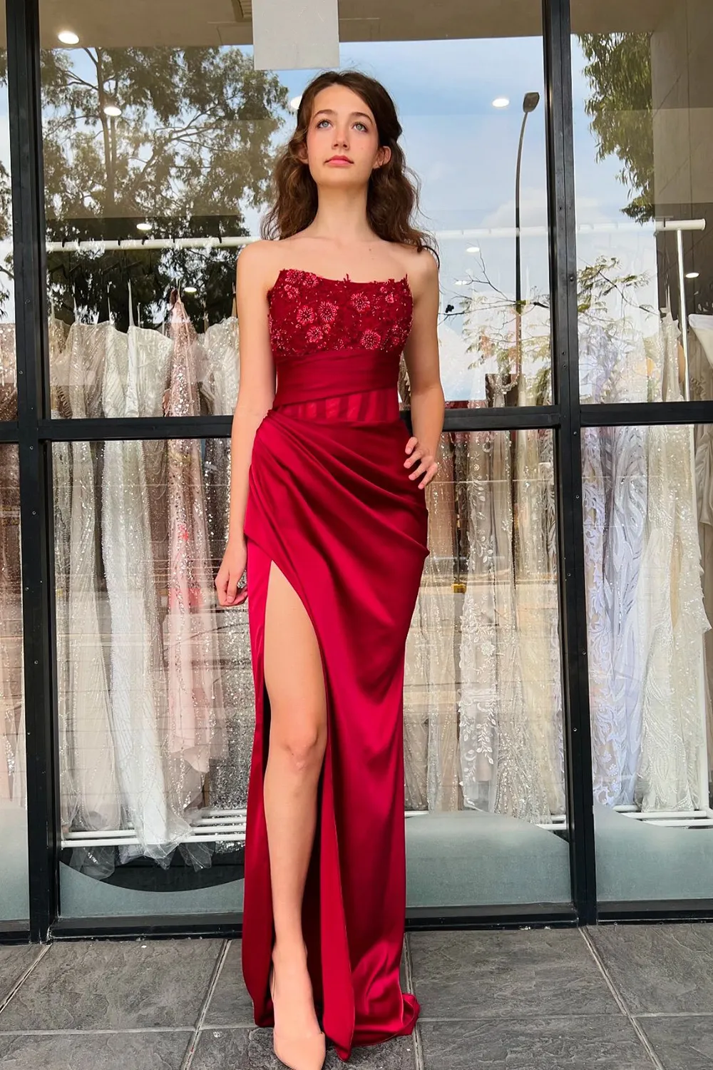 Burgundy Strapless Pleated High Slit Long Evening Gown