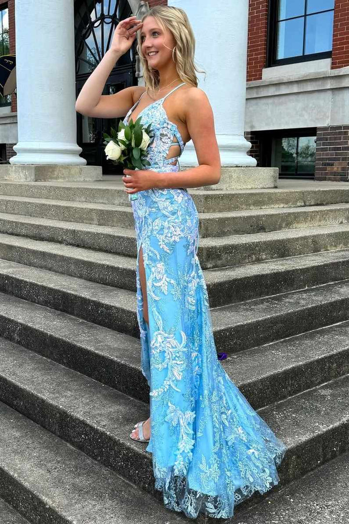 Sleeveless V-Neck Formal Prom Dress with Spaghetti Straps and Appliques