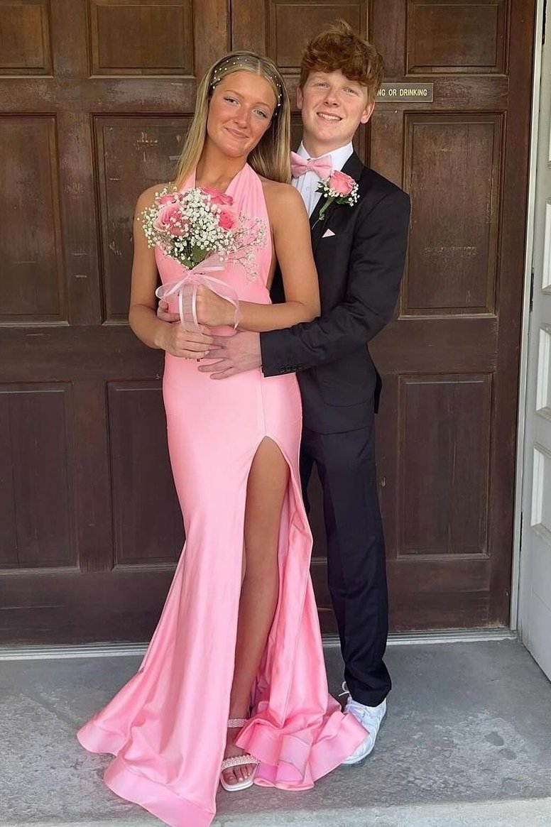 Halter Mermaid Satin Pleated Sleeveless Long Prom Dress with Slit
