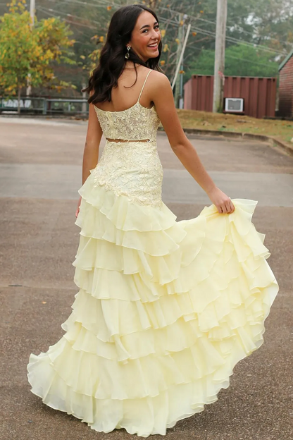 Spaghetti Straps Appliques A-Line Layered Chiffon Prom Dress with Slit