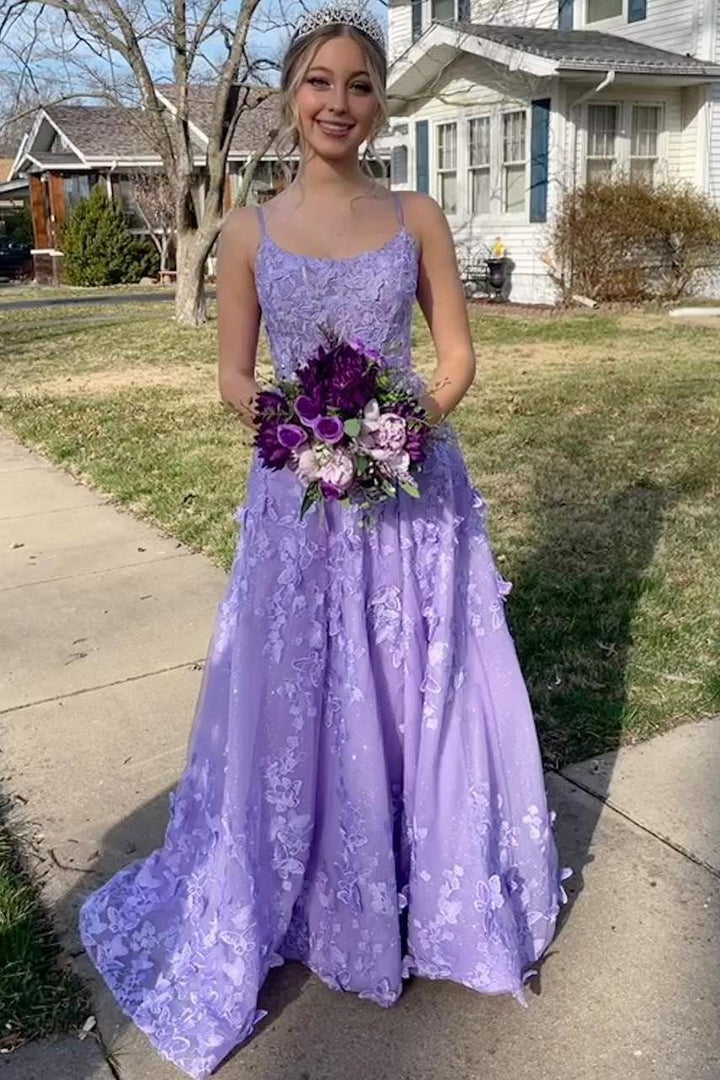 Lavender Spaghetti Straps A-Line 3D Floral Long Evening Gown