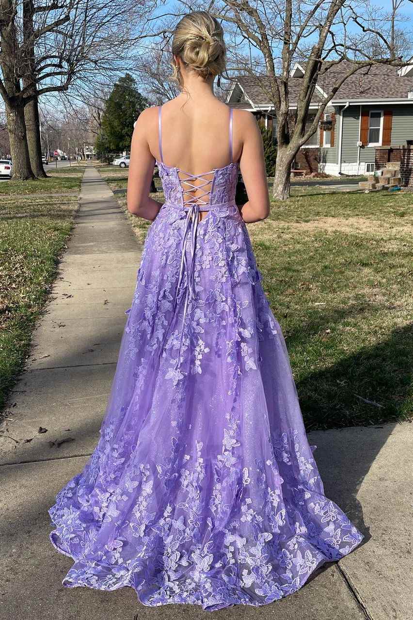 Lavender Spaghetti Straps A-Line 3D Floral Long Evening Gown