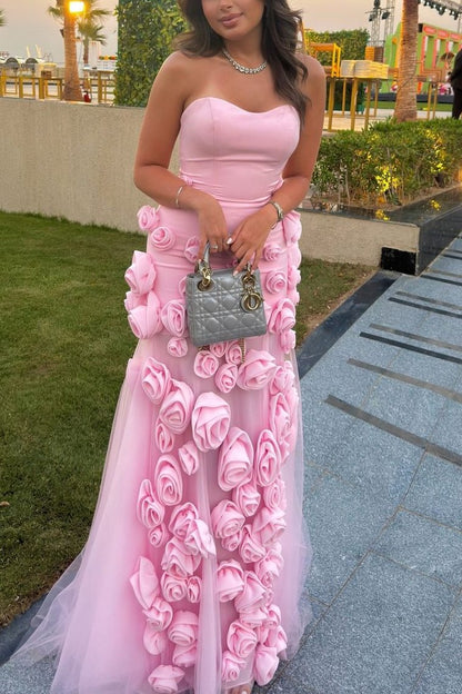 Strapless A-Line 3D Flower Side Slit Long Formal Prom Dress