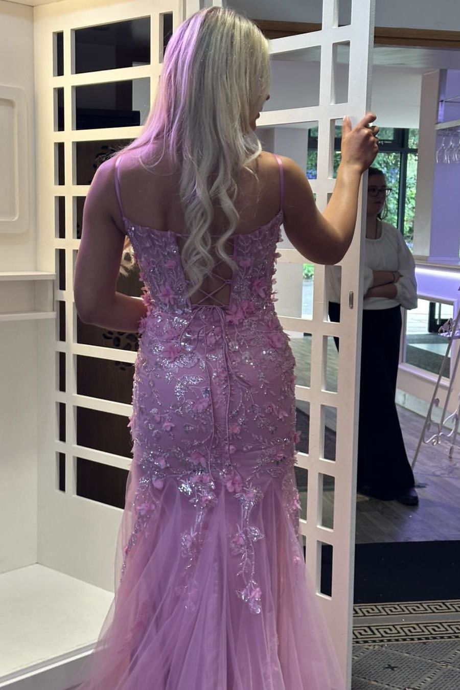 Pink Spaghetti Strap Lace Applique Mermaid Long Prom Dress