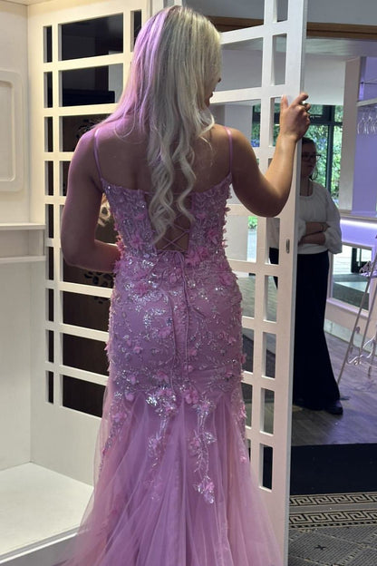 Pink Spaghetti Strap Lace Applique Mermaid Long Prom Dress