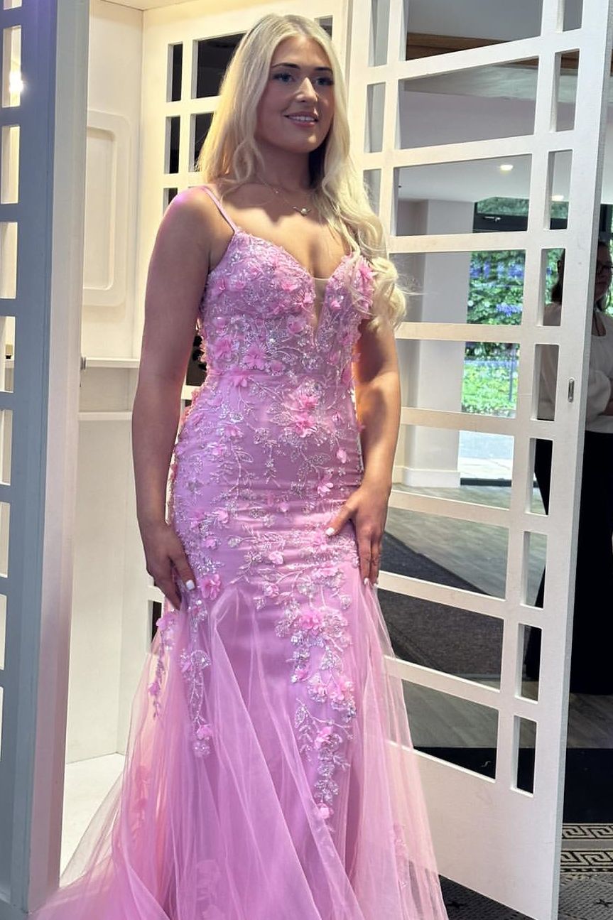 Pink Spaghetti Strap Lace Applique Mermaid Long Prom Dress
