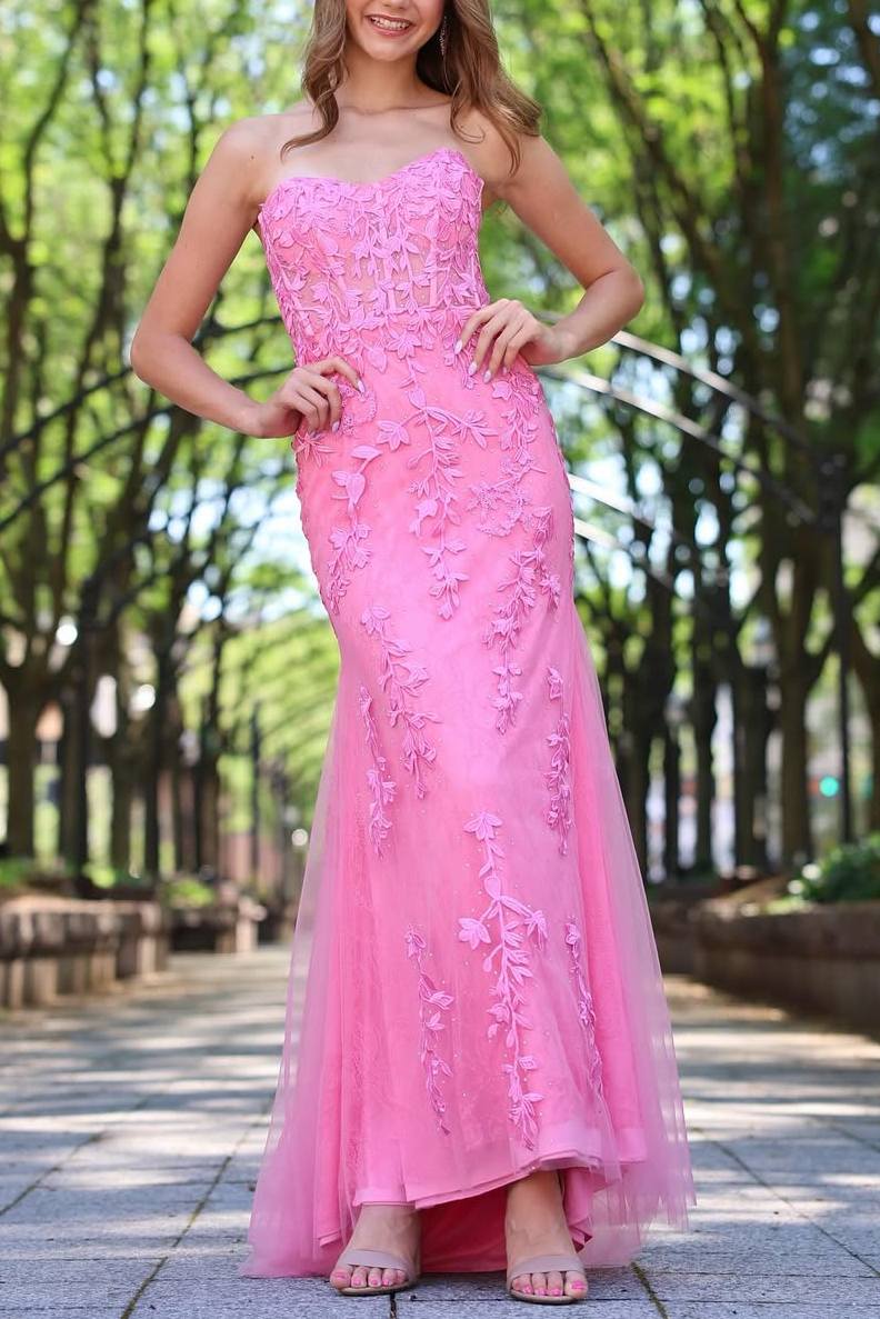Pink Strapless Sweetheart Lace Mermaid Long Prom Dress