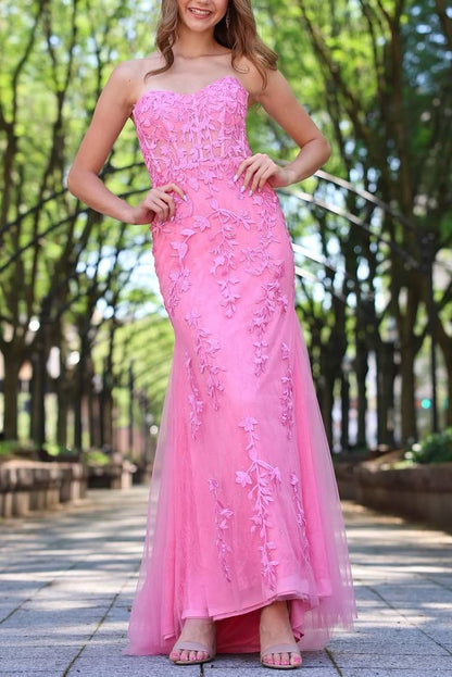 Pink Strapless Sweetheart Lace Mermaid Long Prom Dress