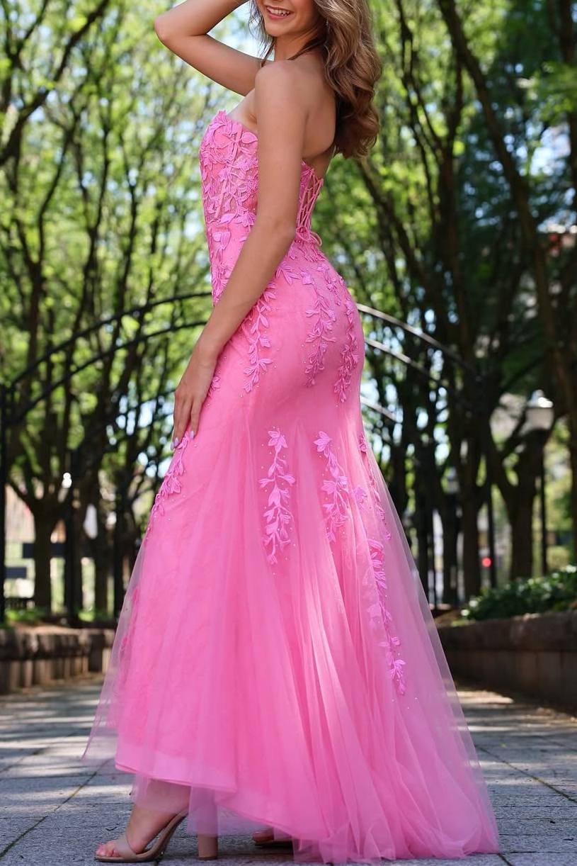 Pink Strapless Sweetheart Lace Mermaid Long Prom Dress