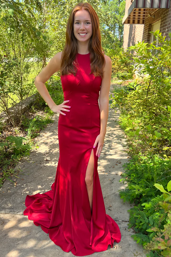 Mermaid Scoop Neck Satin Pleated Sleeveless Formal Prom Dress