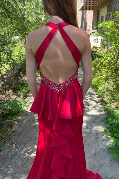 Mermaid Scoop Neck Satin Pleated Sleeveless Formal Prom Dress