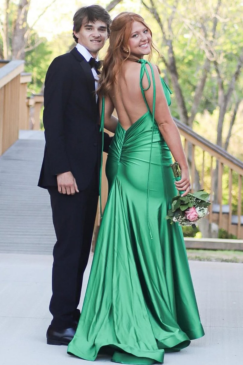Deep V-Neck Sleeveless Pleated Satin Long Formal Prom Dress