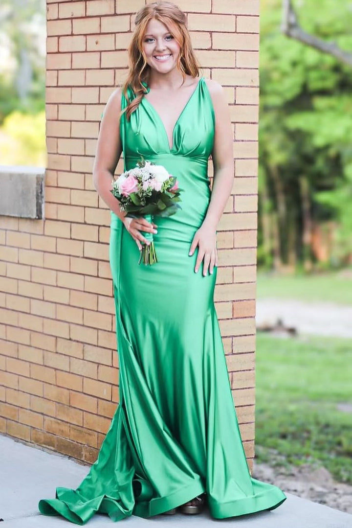 Deep V-Neck Sleeveless Pleated Satin Long Formal Prom Dress