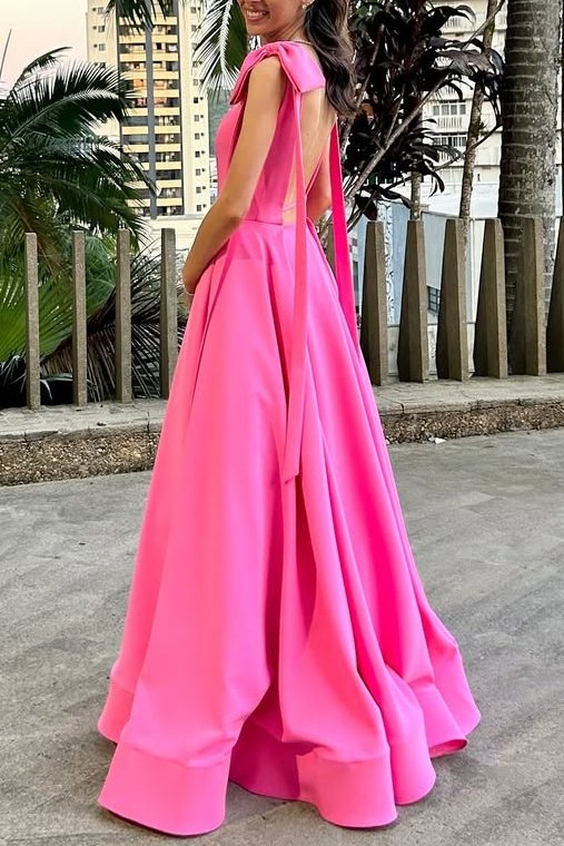 A-Line Satin Pleated Sleeveless Long Prom Dress in Pink
