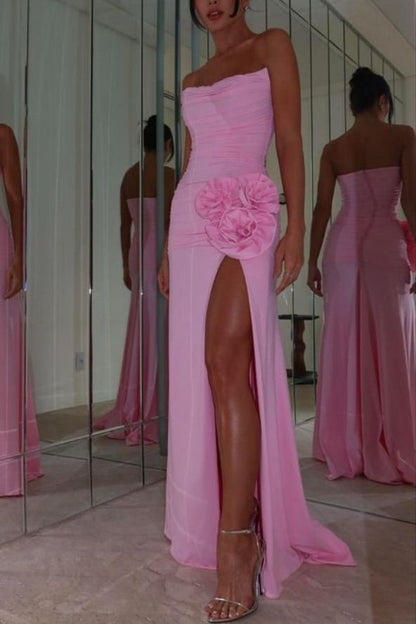 Strapless Scoop Neck Pleated Formal Prom Dress with Slit